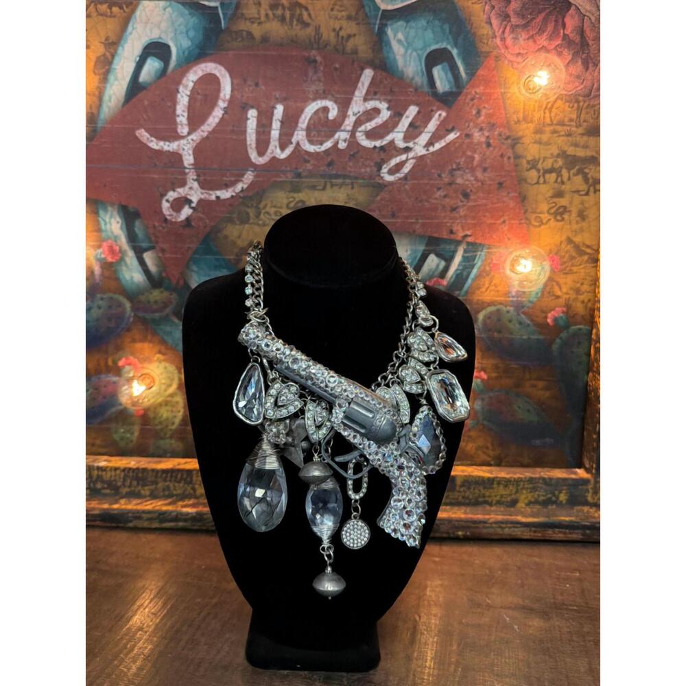 NEW ART BY AMY LABBE women's vintage chain crystal gun necklace in clear